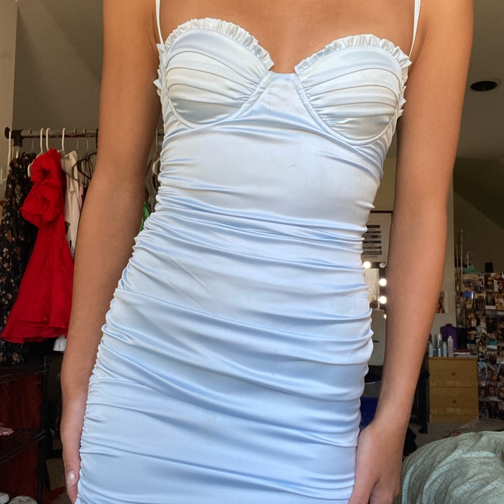Satin blue Oh Polly mini ruched mini dress